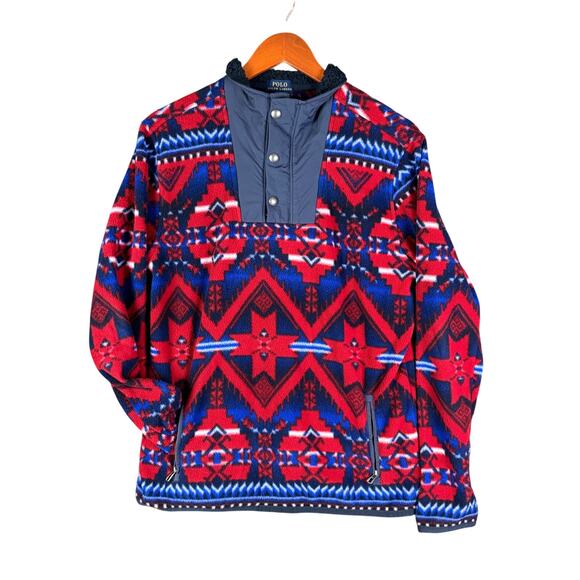 Polo Ralph Lauren Southwestern Aztec Fleece Sweatshirt Red Blue RWB Kid XL 18-20 - Picture 1 of 7